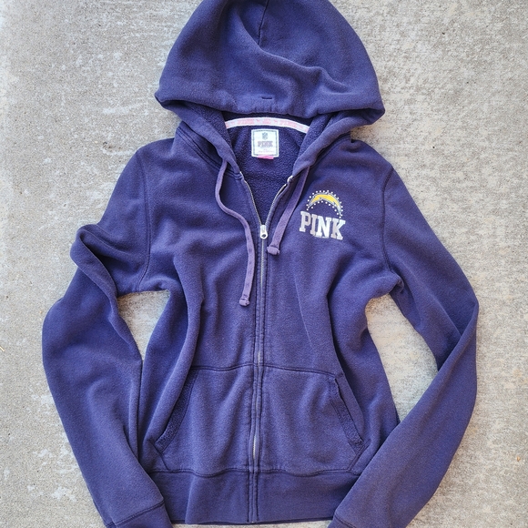 PINK Victoria's Secret Y2K Chargers Bling Logo Full Zip Hoodie Blue Jacket, Sz L - Picture 4 of 8